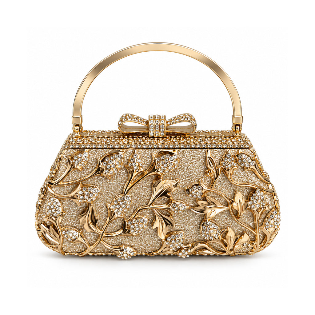 Golden Crystal Floral Evening Clutch