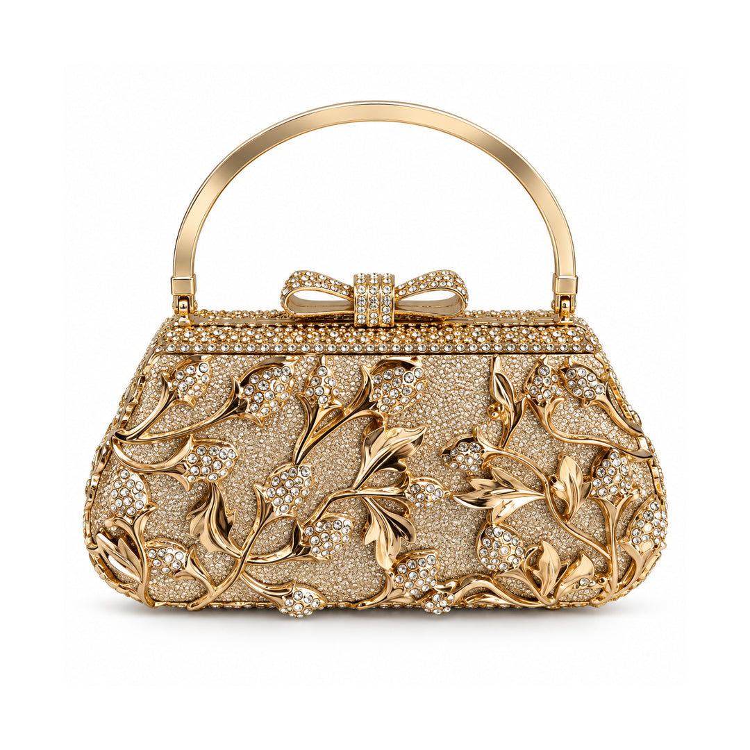Golden Crystal Floral Evening Clutch
