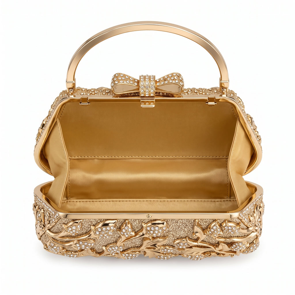 Golden Crystal Floral Evening Clutch