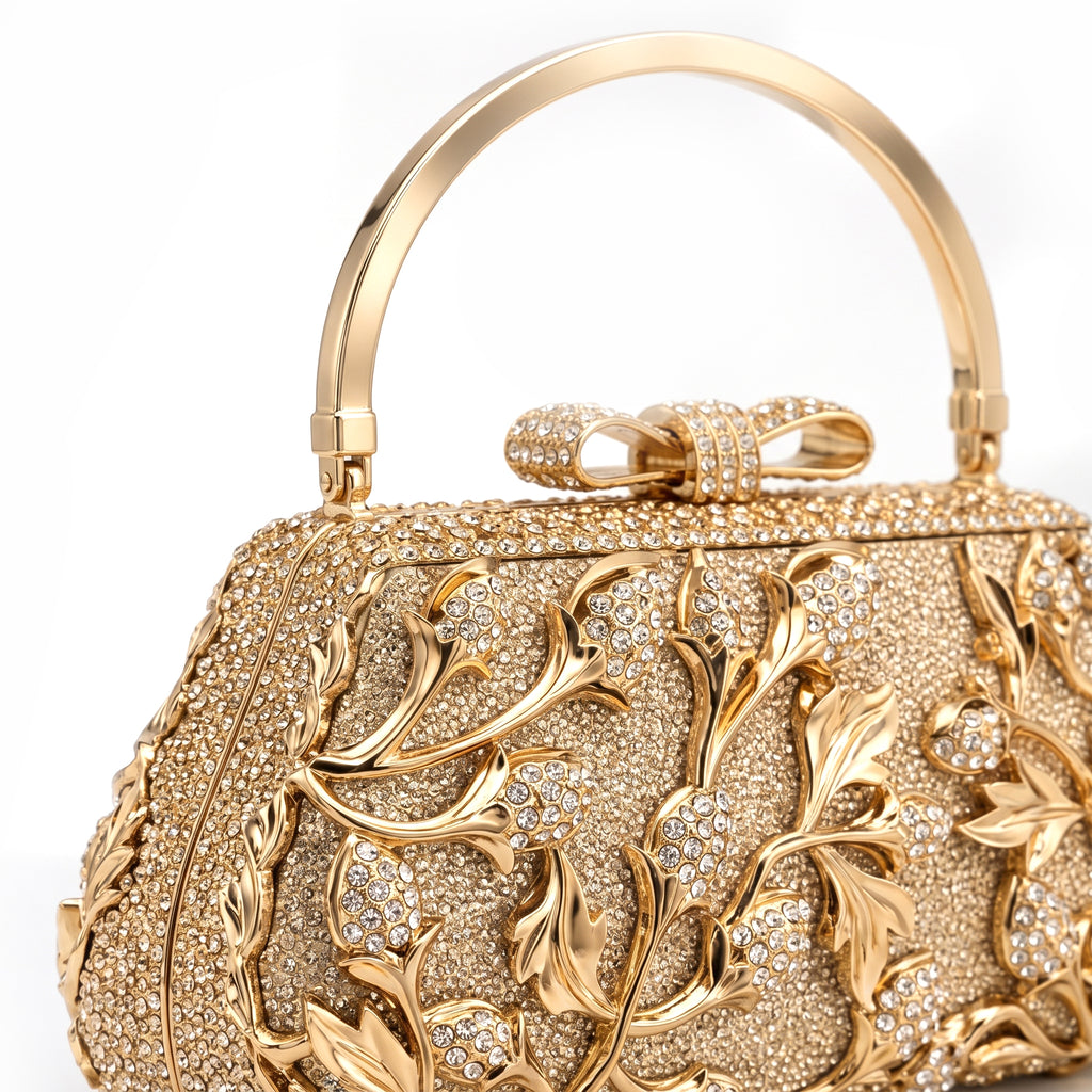 Golden Crystal Floral Evening Clutch