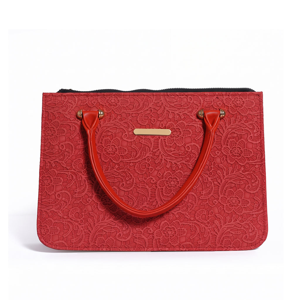 ROUGE DENTELLE Red Floral Lace-Embossed Tote