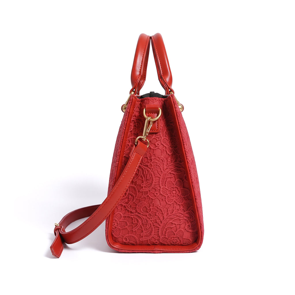 ROUGE DENTELLE Red Floral Lace-Embossed Tote