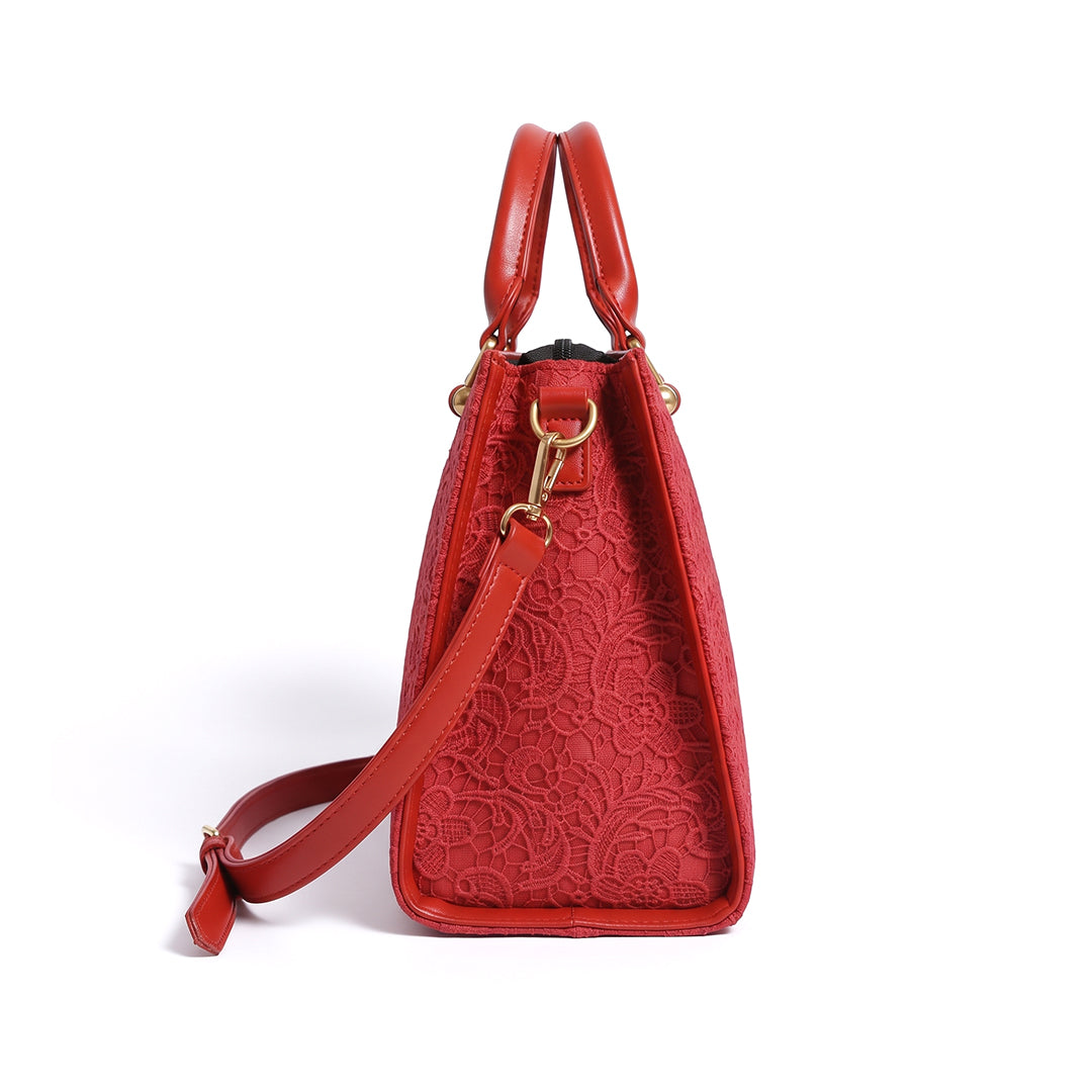 ROUGE DENTELLE Red Floral Lace-Embossed Tote