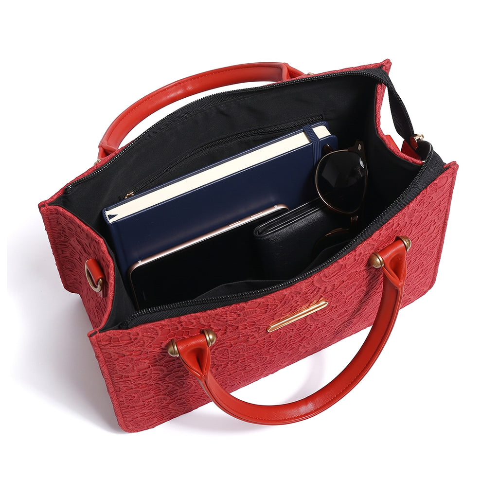 ROUGE DENTELLE Red Floral Lace-Embossed Tote