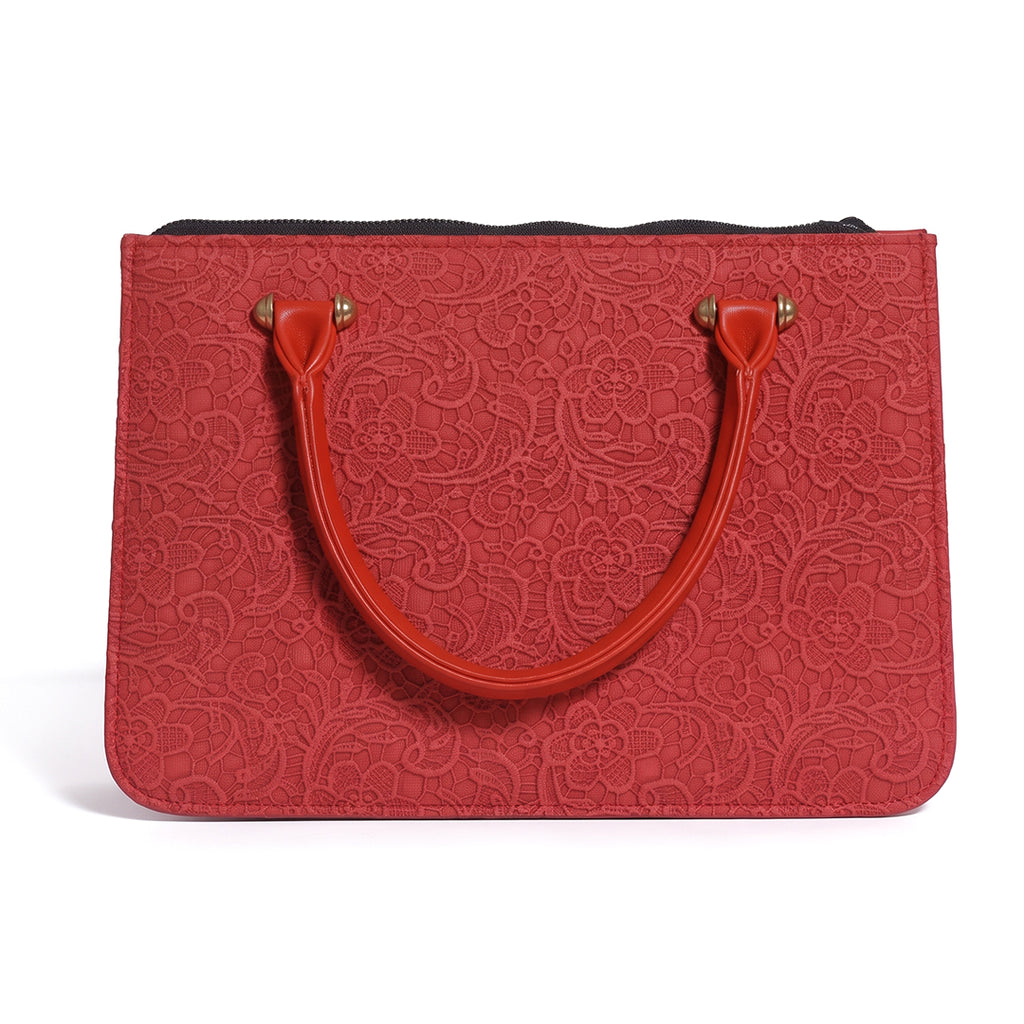 ROUGE DENTELLE Red Floral Lace-Embossed Tote