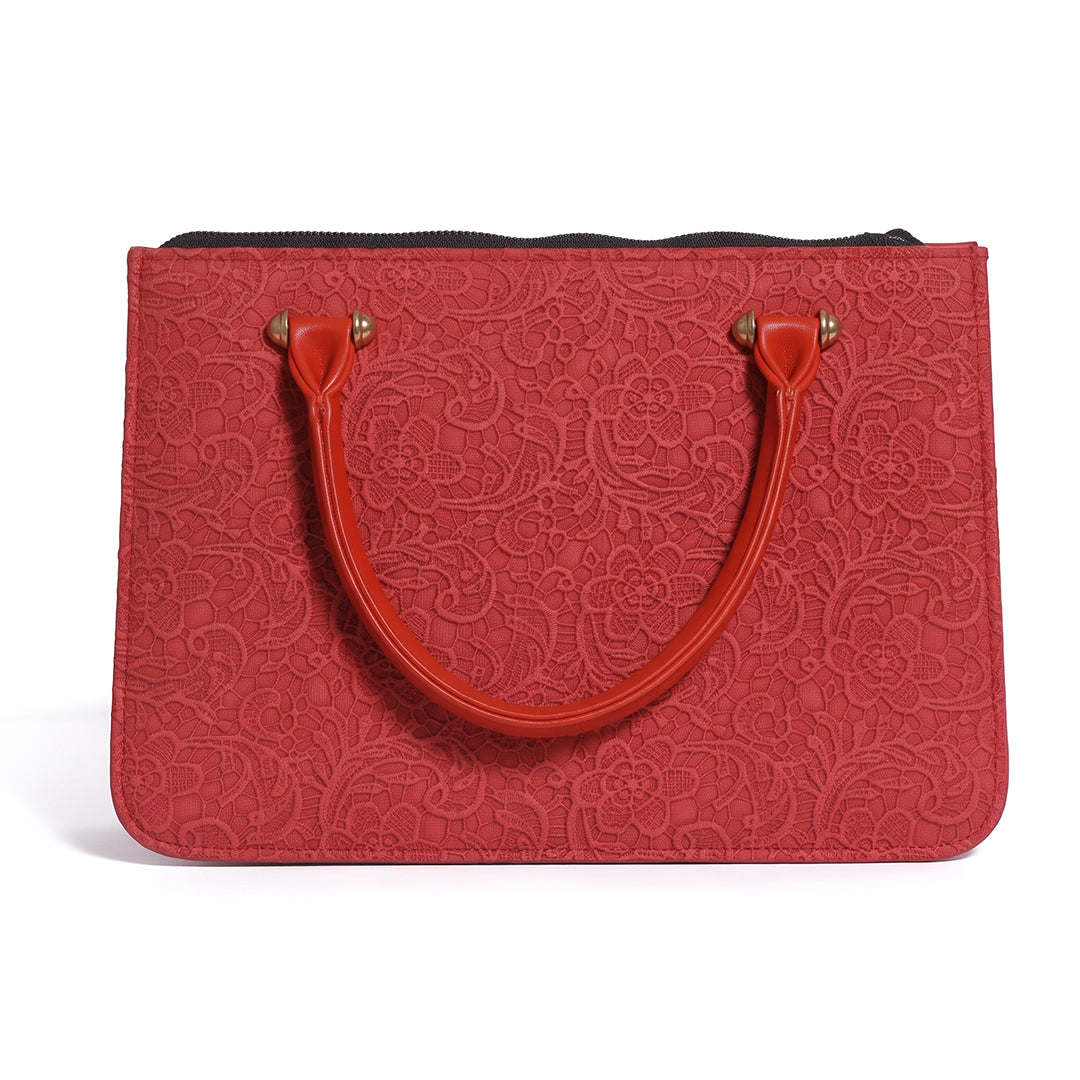 ROUGE DENTELLE Red Floral Lace-Embossed Tote